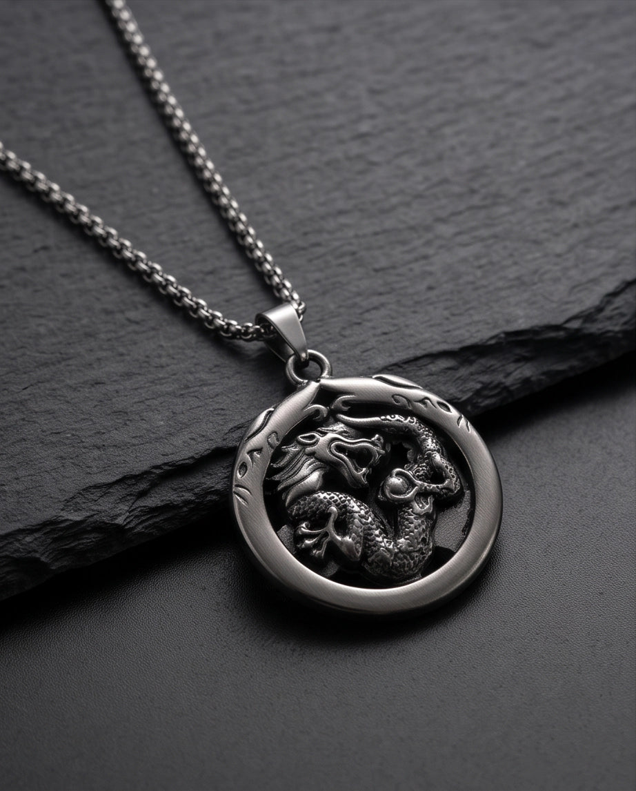 Silver Circular Dragon Medallion Pendant Necklace