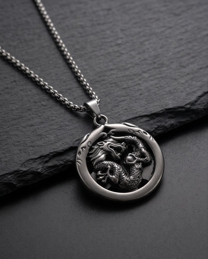 Silver Circular Dragon Medallion Pendant Necklace