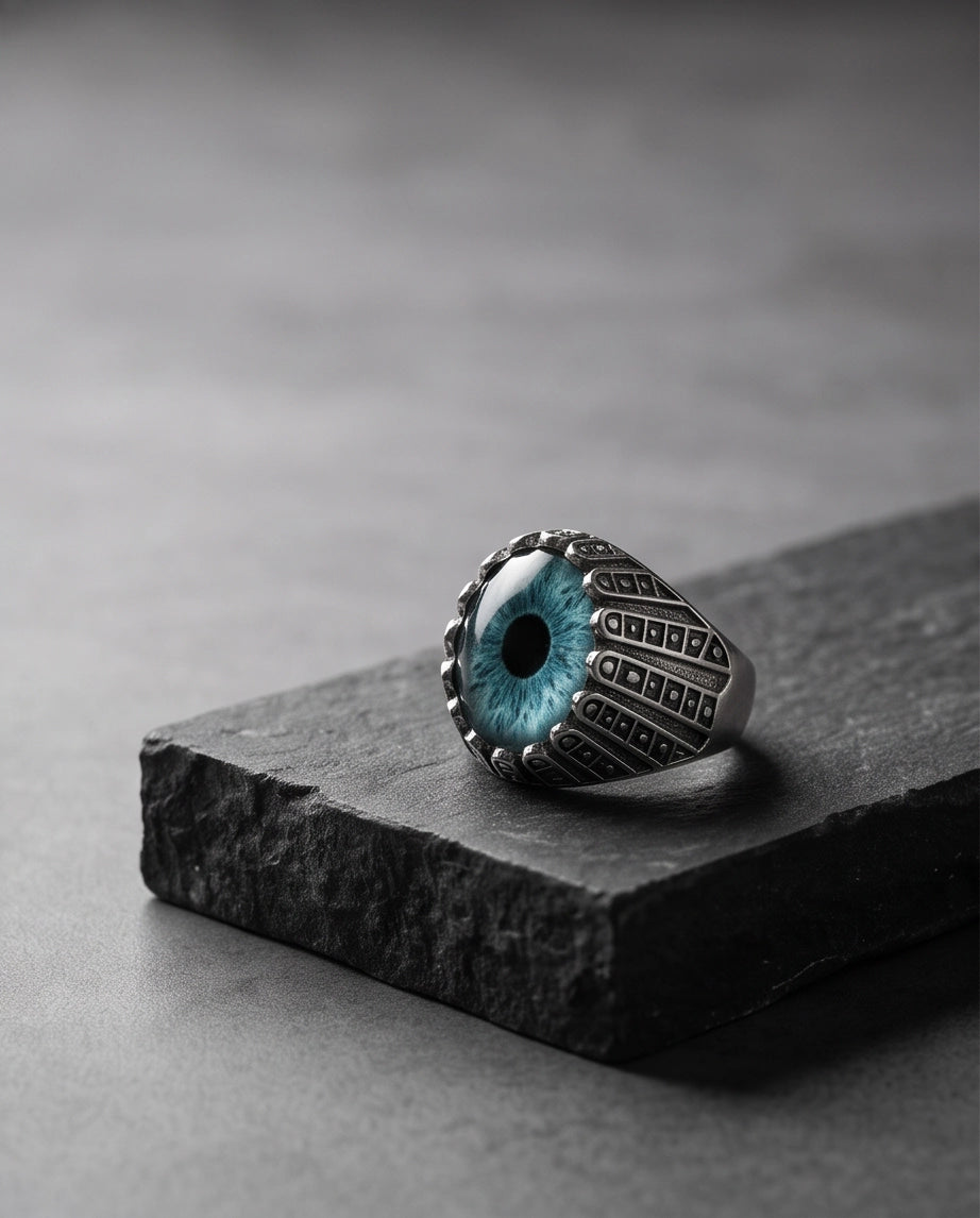 Teal-Grey Evil Eye Cabochon Architectural Bezel Silver Ring