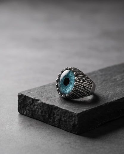 Teal-Grey Evil Eye Cabochon Architectural Bezel Silver Ring
