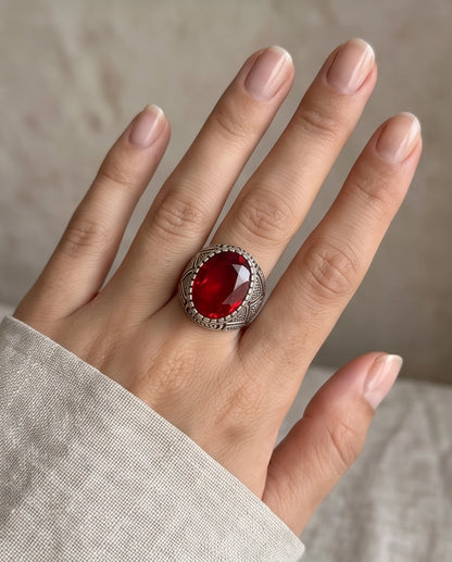 Ruby Gemstone Beaded Bezel Scale-Lattice Silver Ring