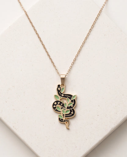 Gold Botanical Snake Enamel Pendant Necklace