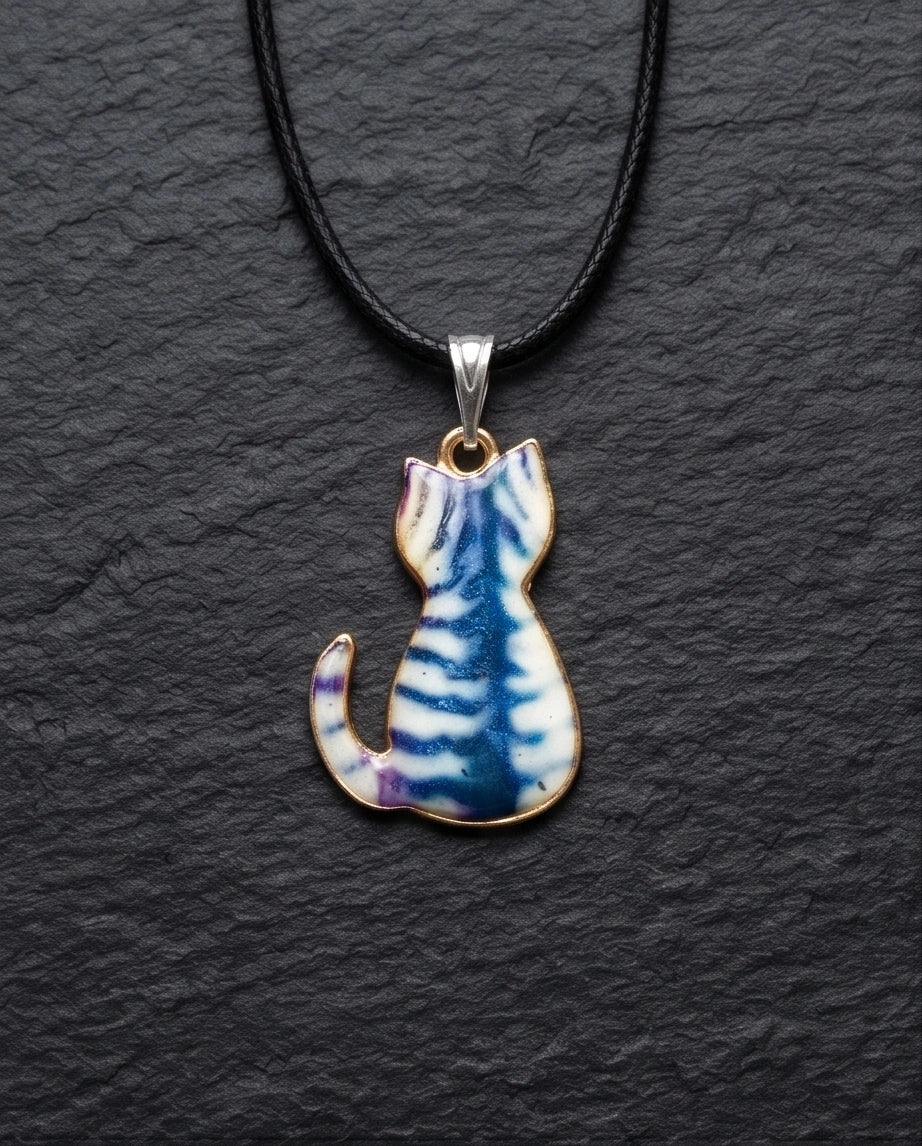 Artistic Blue Watercolor Feline Silhouette Pendant Necklace