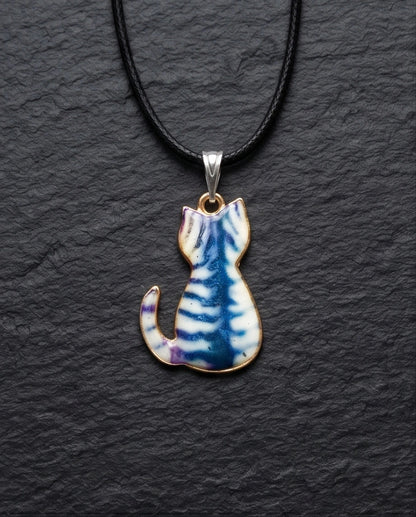 Artistic Blue Watercolor Feline Silhouette Pendant Necklace