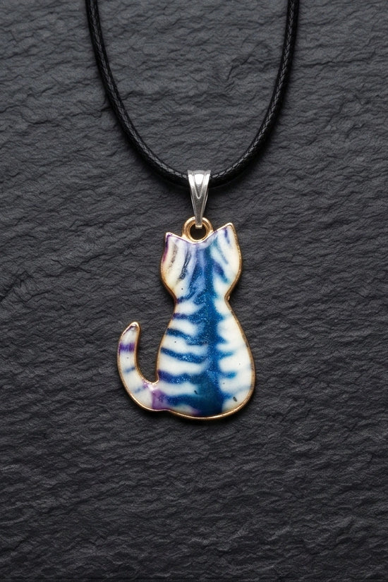 Artistic Blue Watercolor Feline Silhouette Pendant Necklace