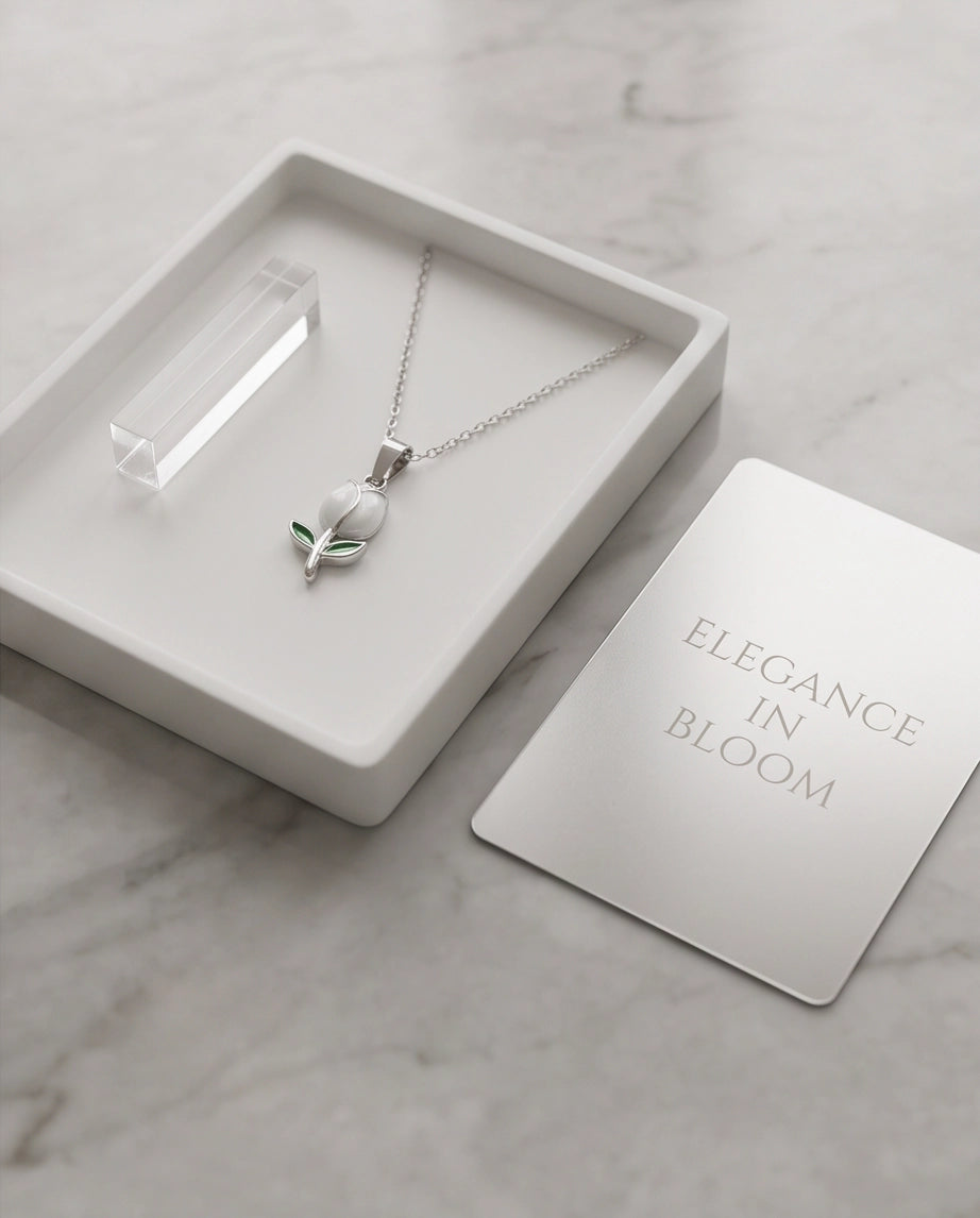 Silver White Enamel Tulip Pendant Necklace