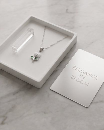 Silver White Enamel Tulip Pendant Necklace