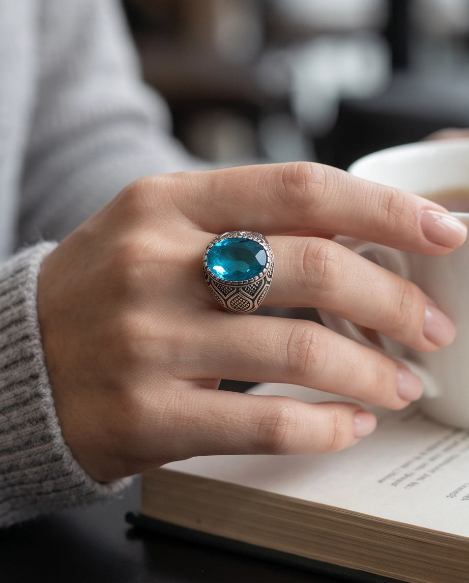 Aquamarine Gemstone Beaded Bezel Lattice Silver Ring