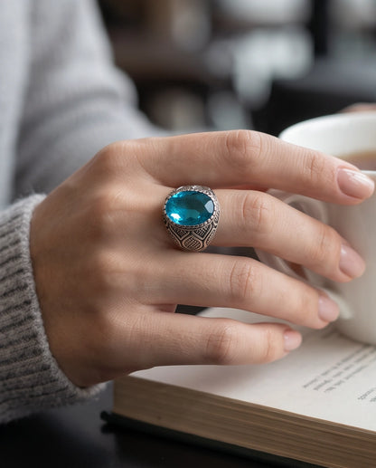 Aquamarine Gemstone Beaded Bezel Lattice Silver Ring