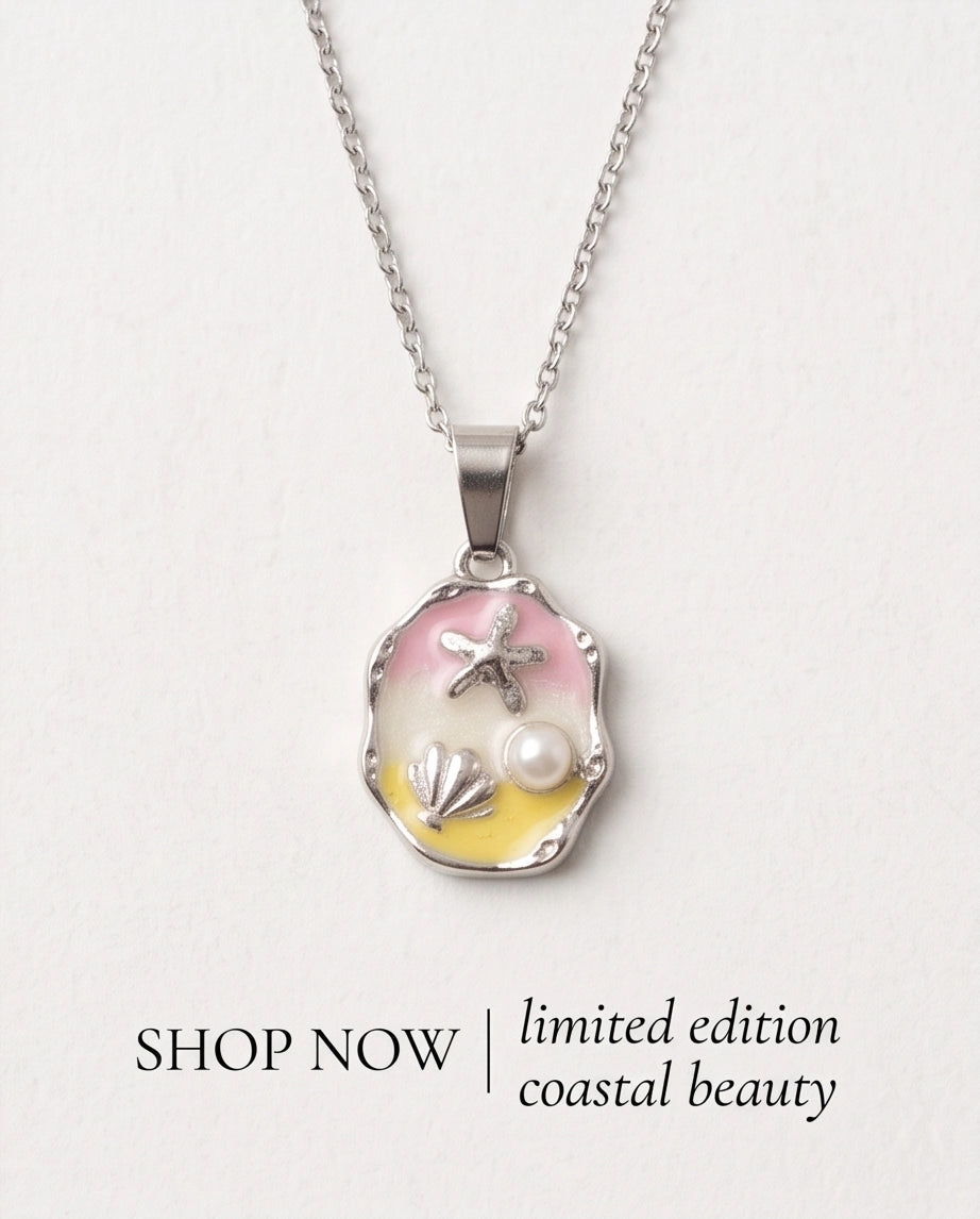 Silver Seashell Starfish Pearl Enamel Medallion Chain Necklace