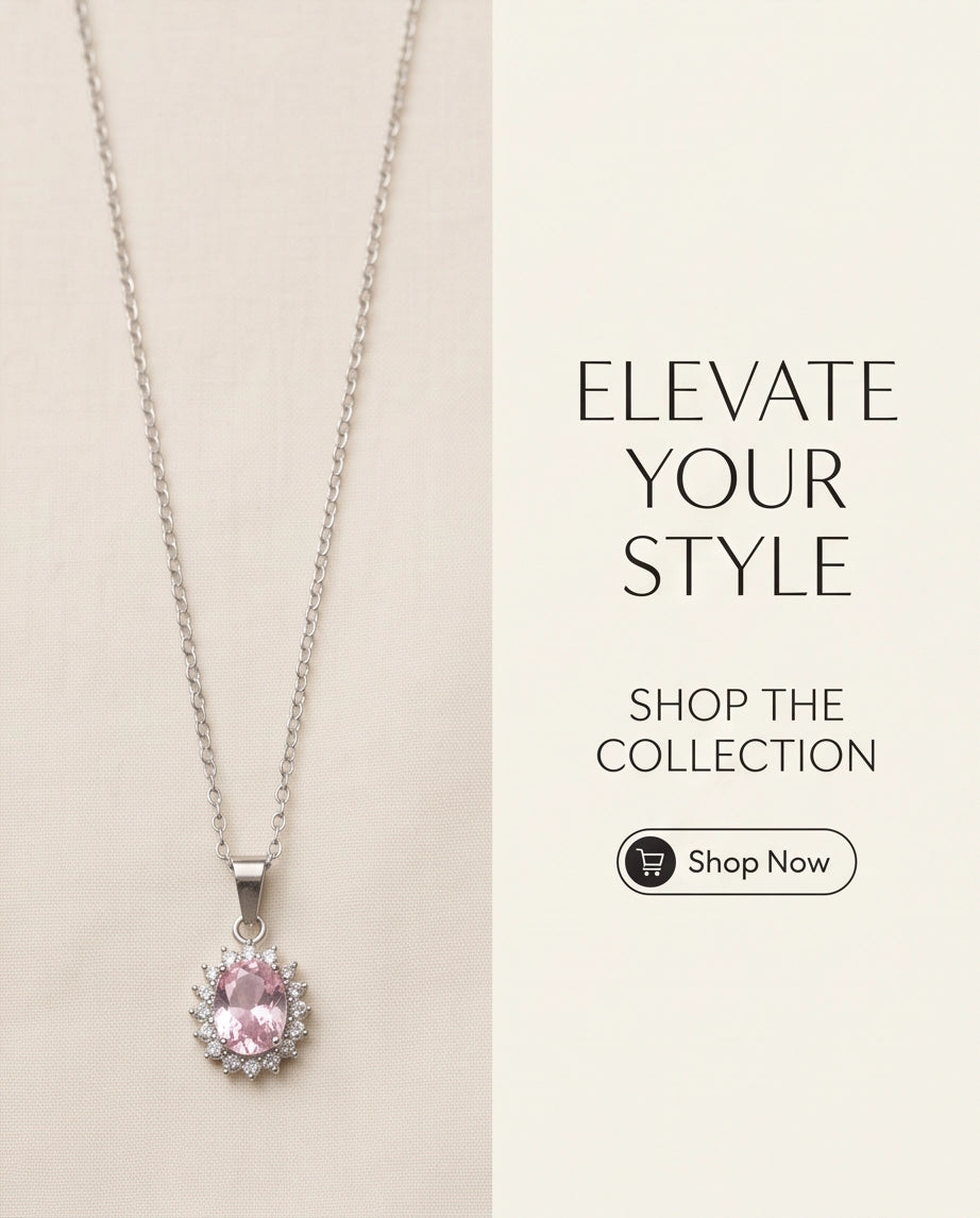 Silver Pink Crystal Oval Halo Medallion Pendant Necklace