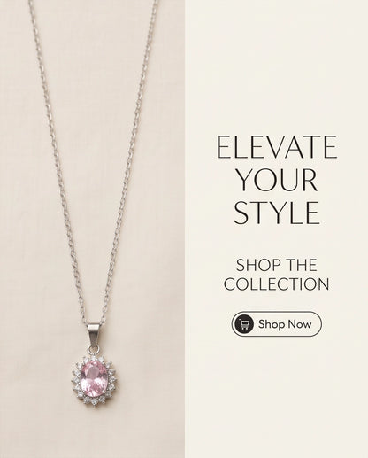Silver Pink Crystal Oval Halo Medallion Pendant Necklace