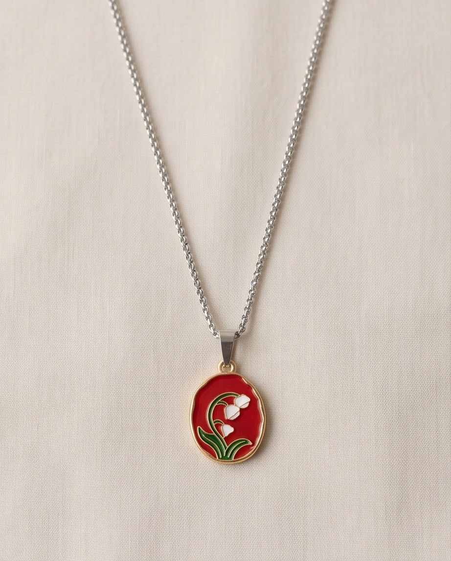 Gold Red Lily of the Valley Enamel Medallion Chain Necklace
