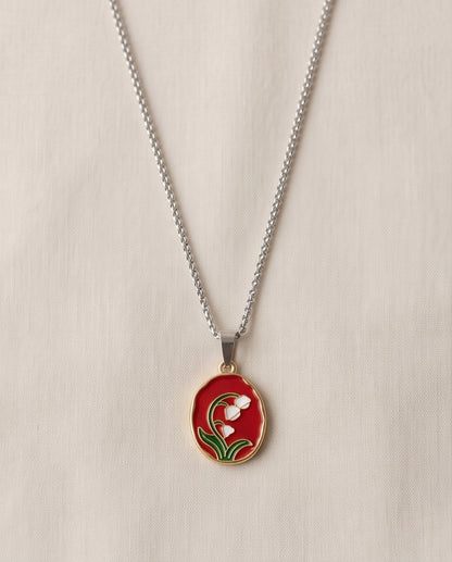 Gold Red Lily of the Valley Enamel Medallion Chain Necklace
