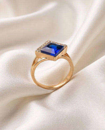 Gold Sapphire Princess-Cut Halo Ring