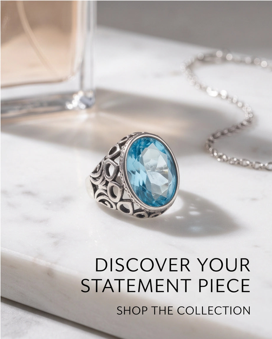 Aquamarine Oval-Cut Gemstone Openwork Scroll Silver Ring