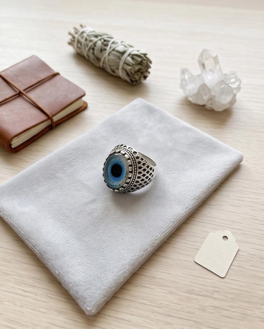 Royal Blue-Rimmed Evil Eye Cabochon Honeycomb-Band Silver Ring