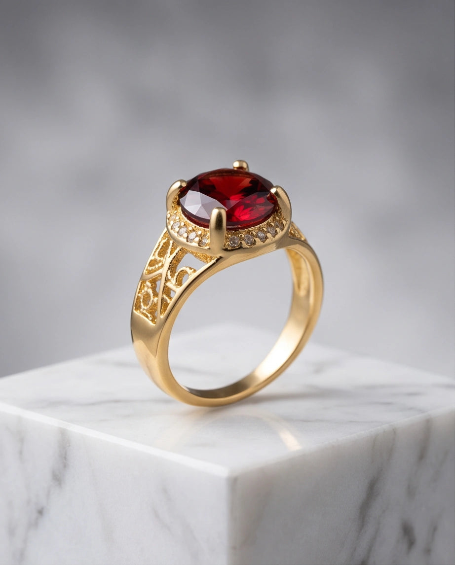 Golden Crimson Halo Filigree Ring