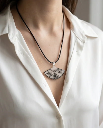 Artistic Bamboo Fan Pendant Necklace