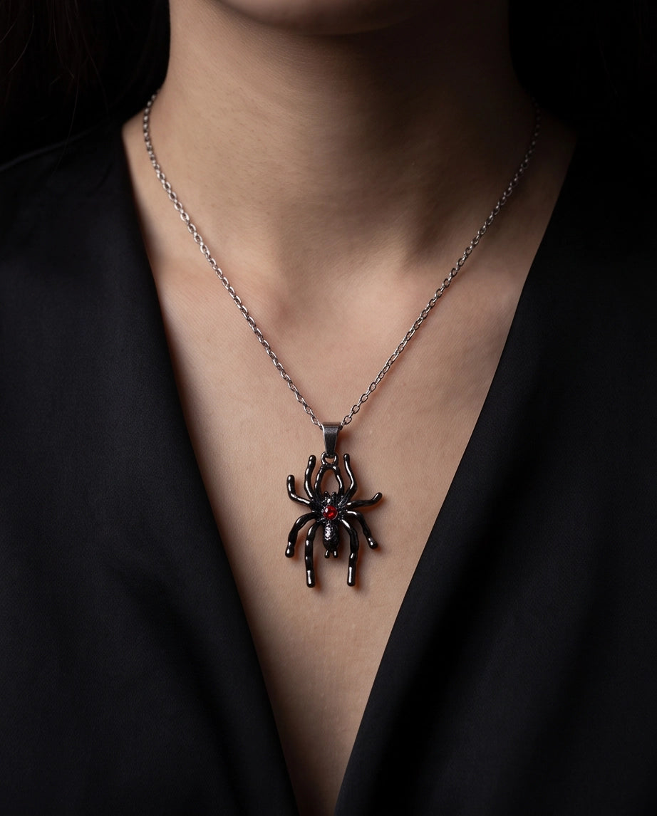 Black Spider Red Round Crystal Gem Pendant Necklace