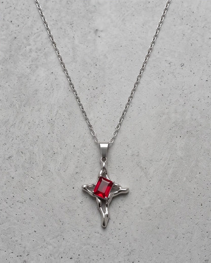 Silver Red Gemstone Gothic Cross Pendant Necklace