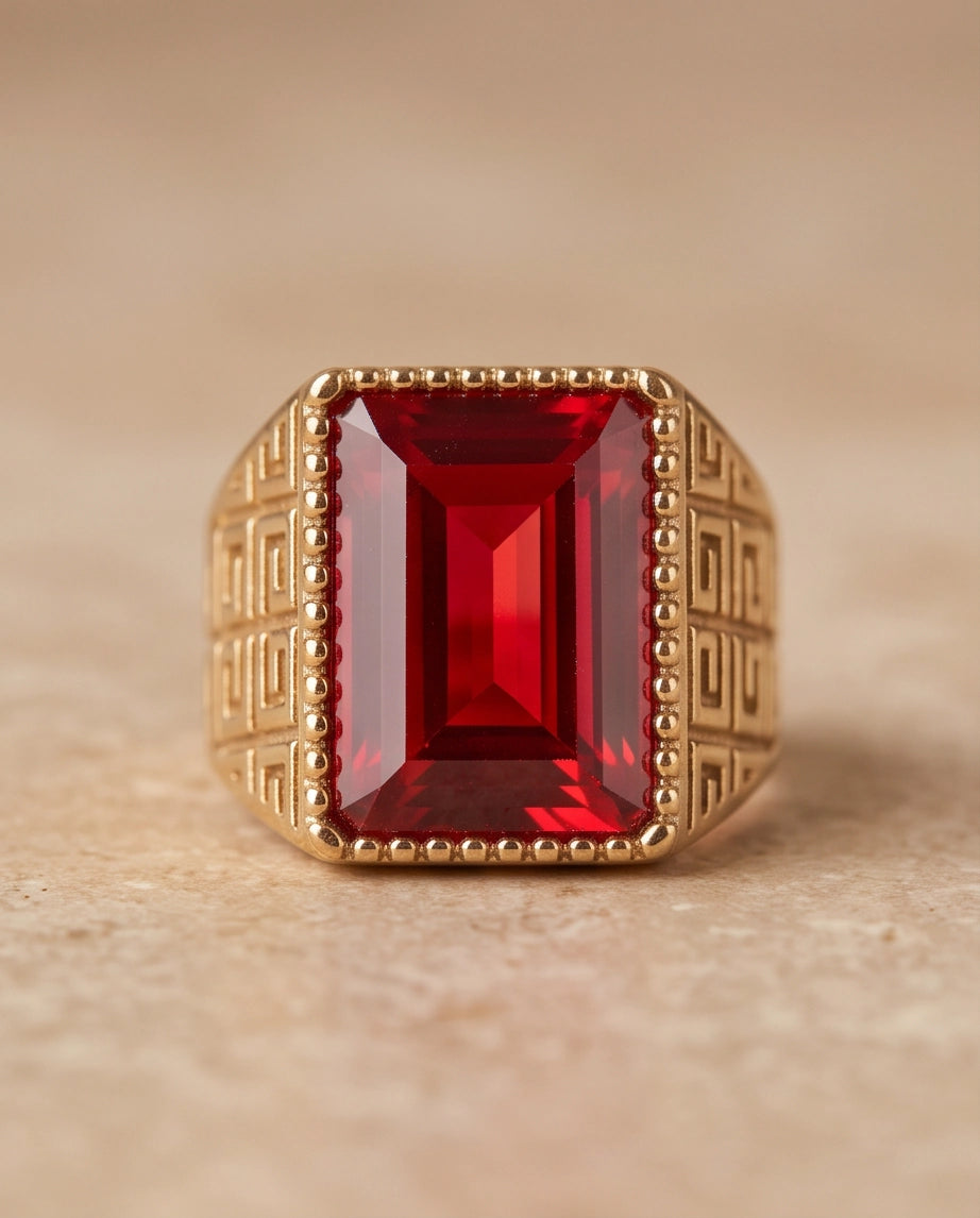 Ruby Red Emerald-Cut Gemstone Beaded Bezel Greek Key Gold Ring