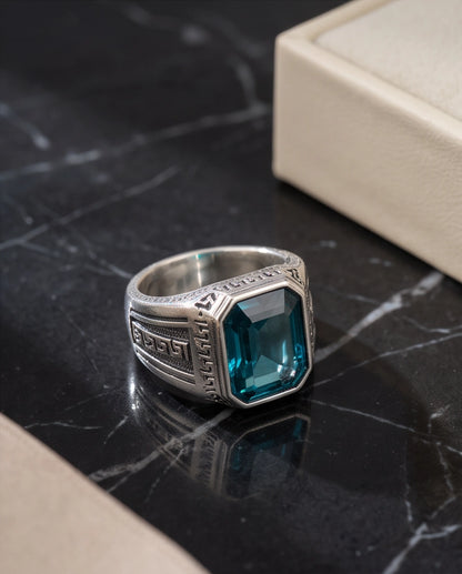 Aquamarine Emerald-Cut Gemstone Engraved Geometric Silver Ring