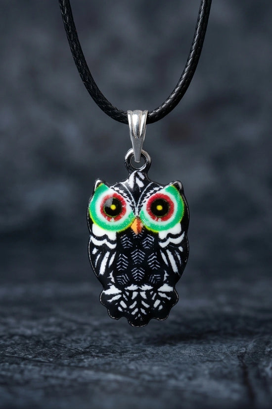 Mystic Green-Eyed Tribal Owl Pendant Necklace