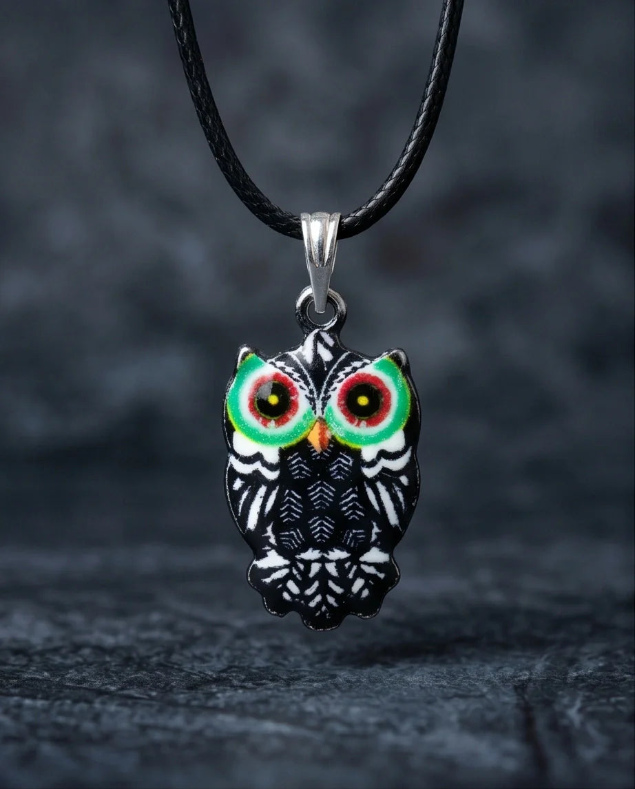 Mystic Green-Eyed Tribal Owl Pendant Necklace