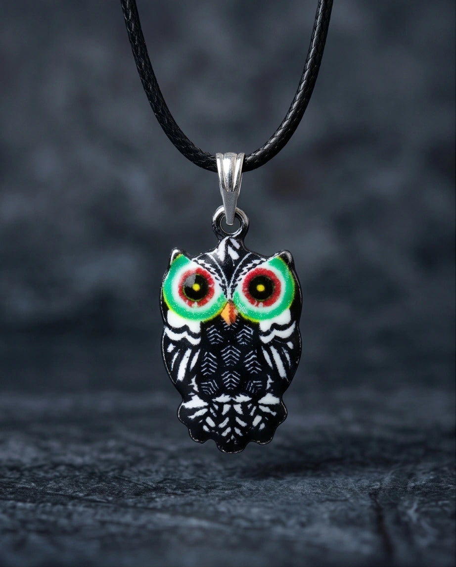 Mystic Green-Eyed Tribal Owl Pendant Necklace