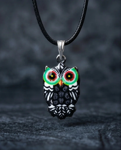 Mystic Green-Eyed Tribal Owl Pendant Necklace