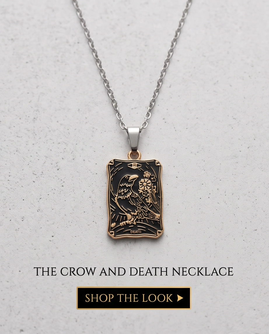 Gold "Death" Raven Tarot Card Pendant Necklace