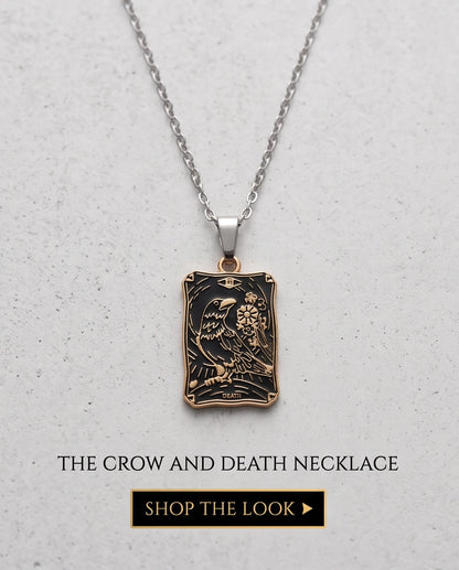 Gold "Death" Raven Tarot Card Pendant Necklace