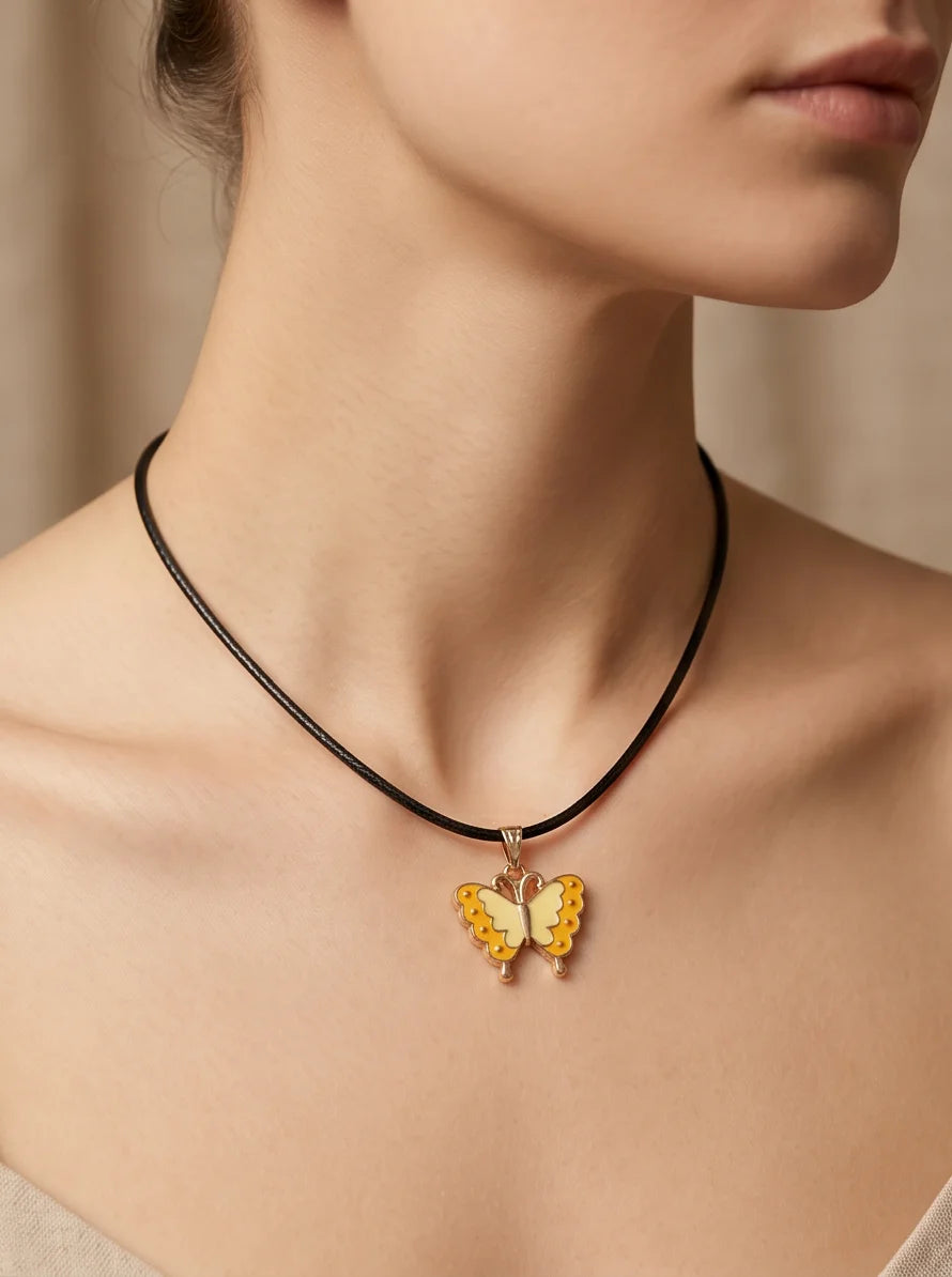 Yellow Enamel Butterfly Pendant Necklace