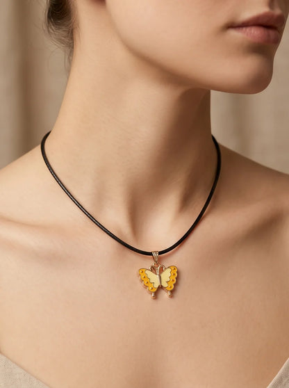 Yellow Enamel Butterfly Pendant Necklace