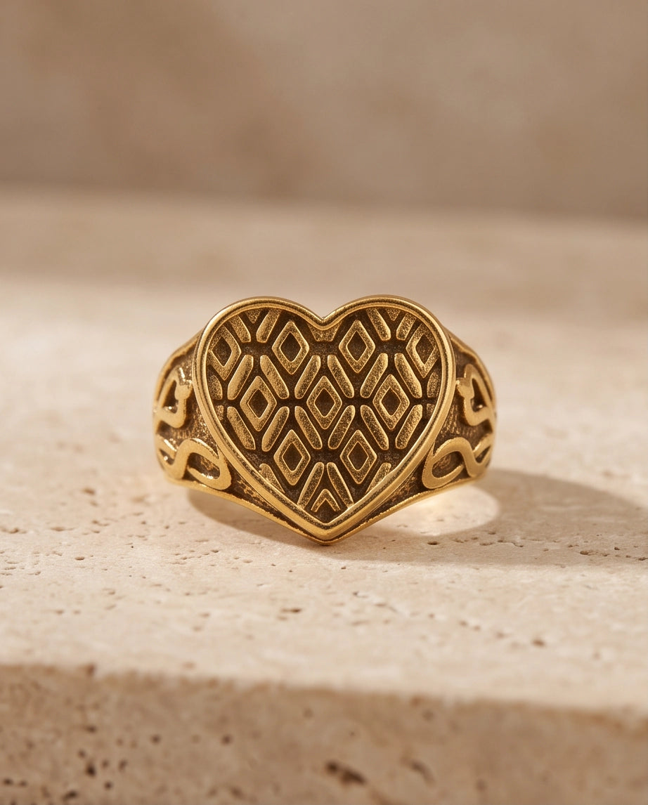 Lattice Heart Gold Signet Ring