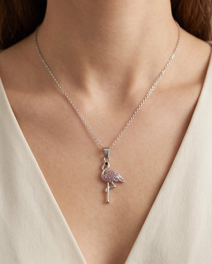 Silver Pink Crystal Paved Flamingo Pendant Necklace