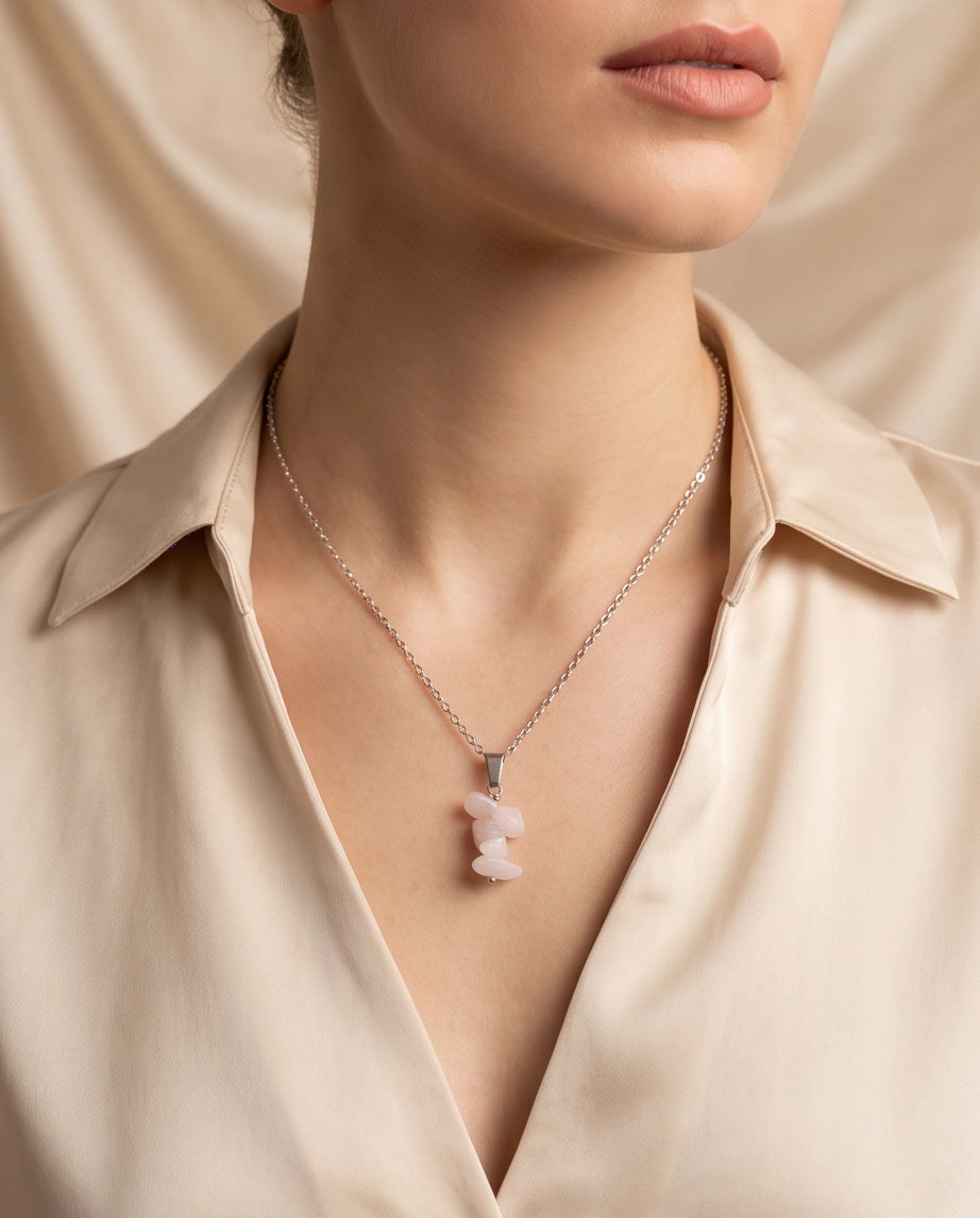 Silver Stacked Raw Rose Quartz Chip Stone Pendant Necklace