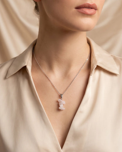 Silver Stacked Raw Rose Quartz Chip Stone Pendant Necklace