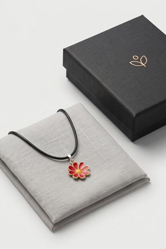Gold and Red Daisy Pendant Necklace