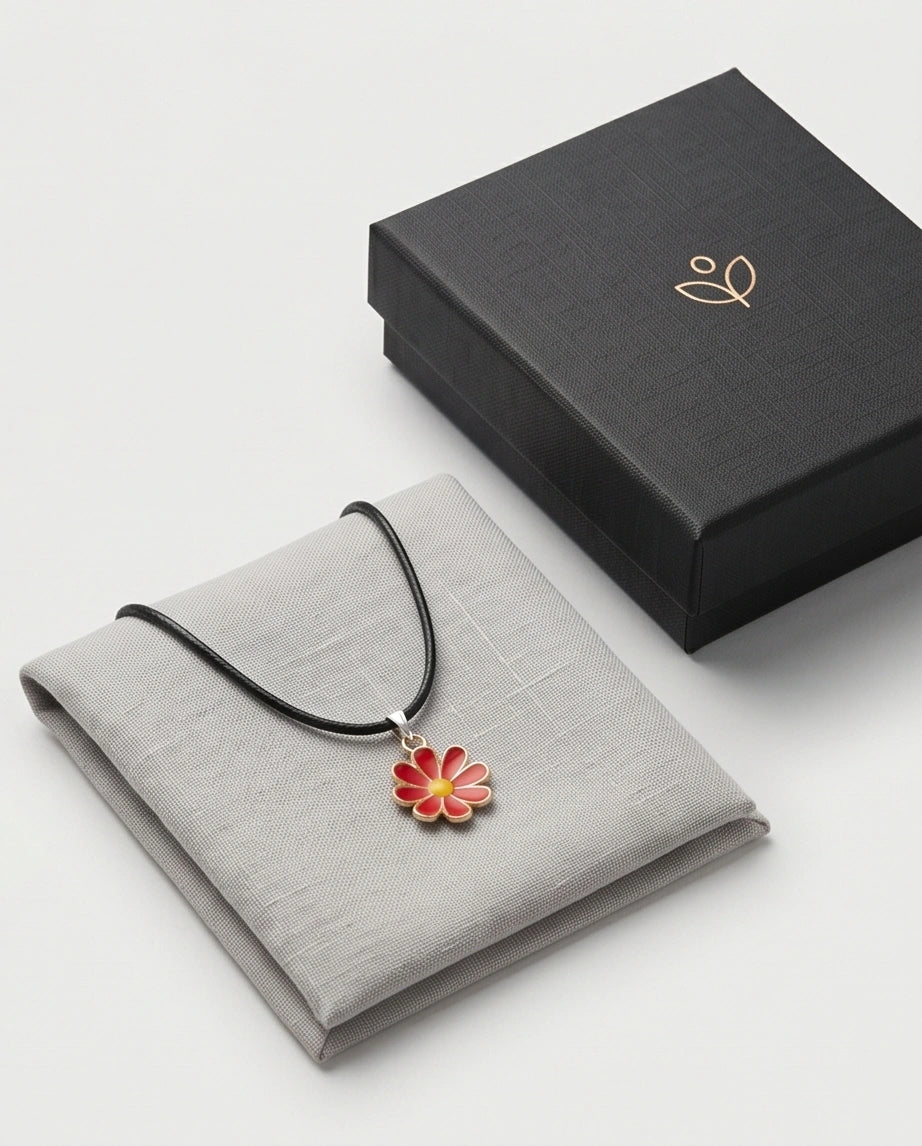 Gold and Red Daisy Pendant Necklace