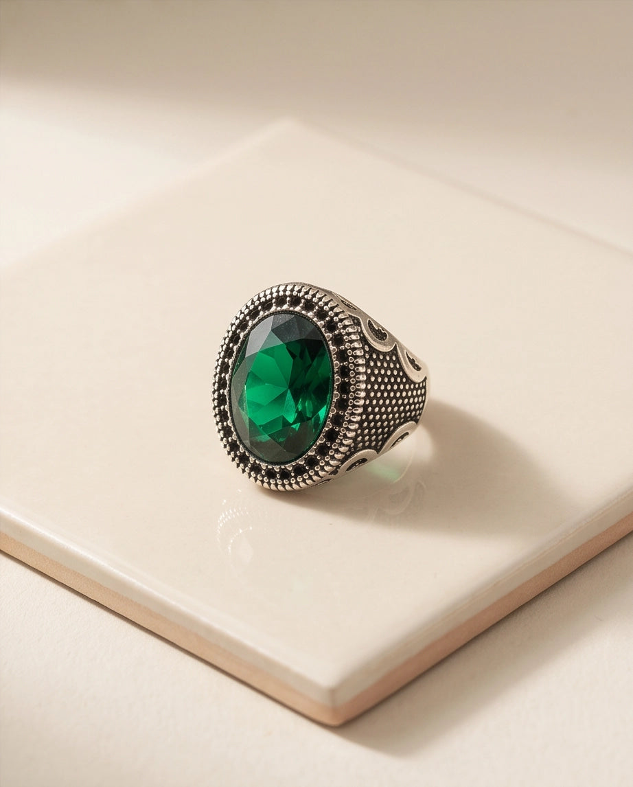 Emerald Gemstone Double Beaded Frame Scroll Silver Ring