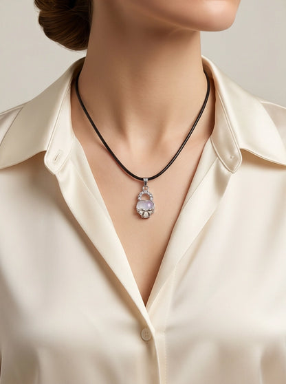 White Moonstone Heart Bow Lock Pendant Necklace
