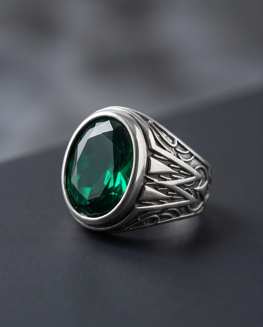 Emerald Gemstone Smooth Bezel Tribal Wing Silver Ring