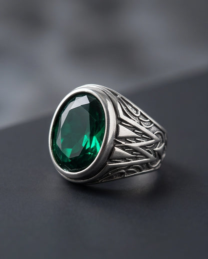 Emerald Gemstone Smooth Bezel Tribal Wing Silver Ring
