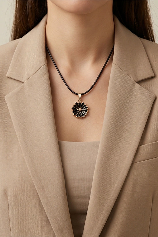 Gold and Black Sunflower Pendant Necklace