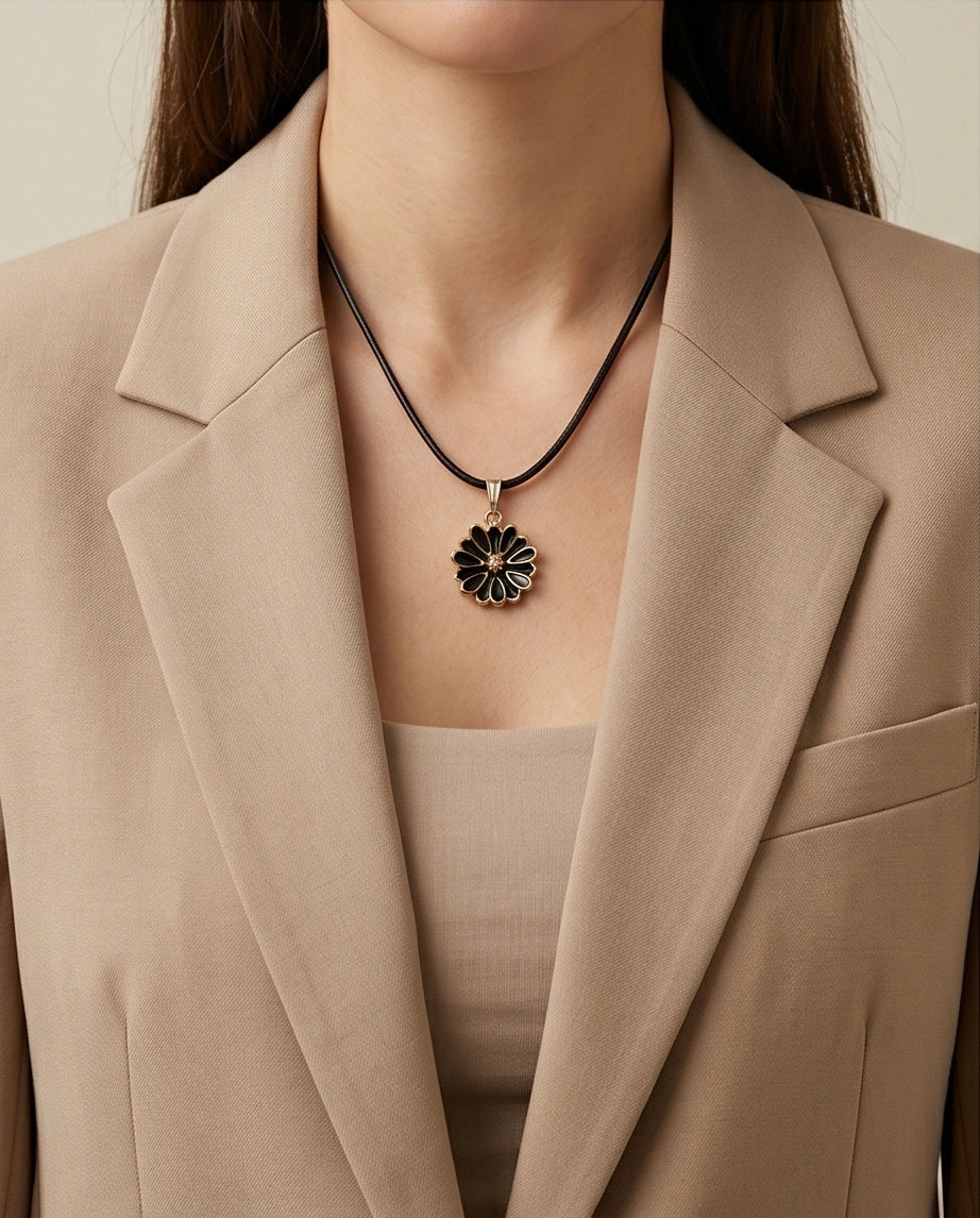 Gold and Black Sunflower Pendant Necklace