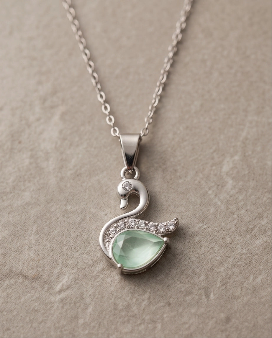 Silver Mint Green Swan Pendant Necklace