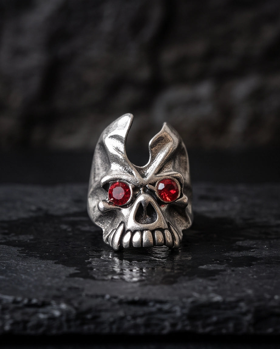 Ruby-Eyed Gothic Horned Skull Silver Ring