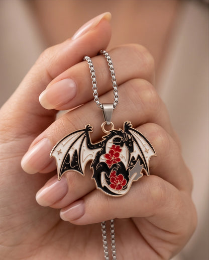 Gold Floral Dragon Black & White Enamel Pendant Necklace